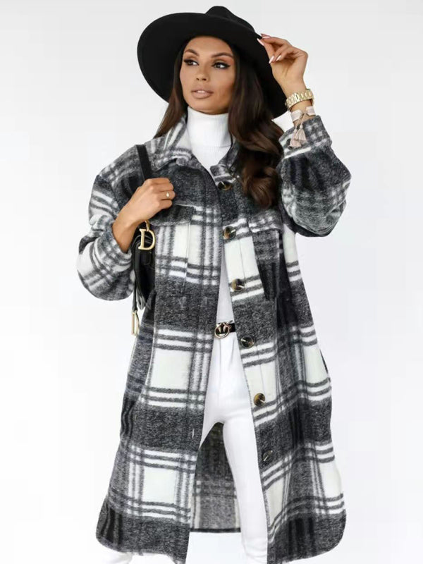 Women's plaid brushed mid-length woolen coat