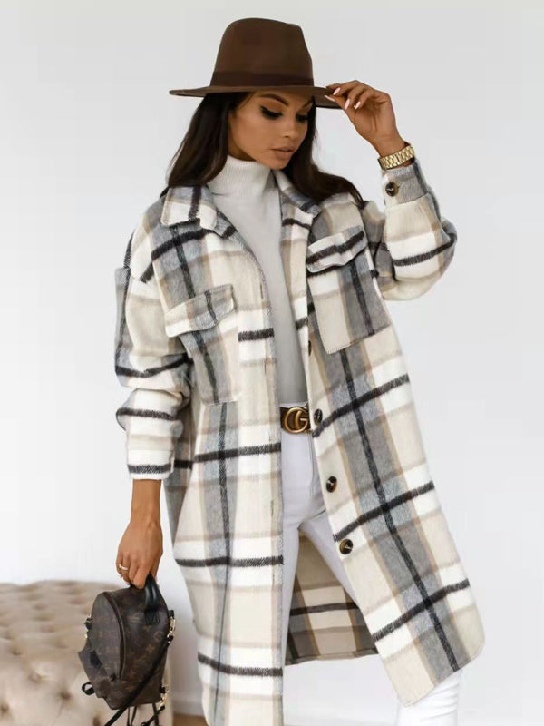 Women's plaid brushed mid-length woolen coat