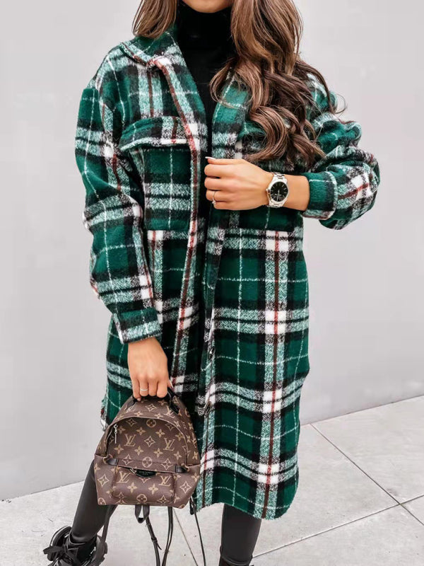 Women's plaid brushed mid-length woolen coat