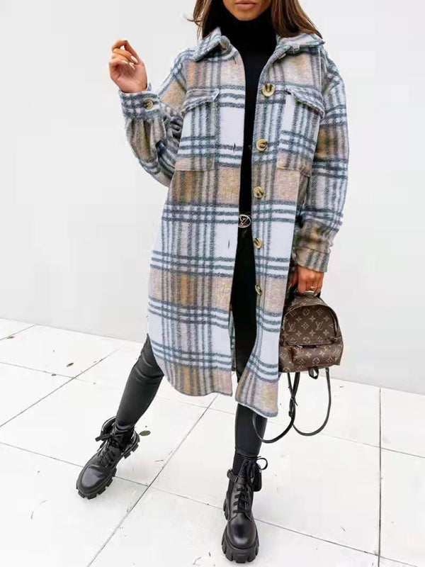 Women's plaid brushed mid-length woolen coat