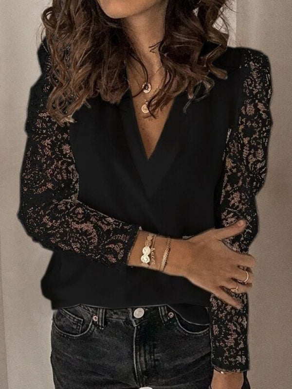 Paneled Lace Long Sleeve Slim Fit Women's Top