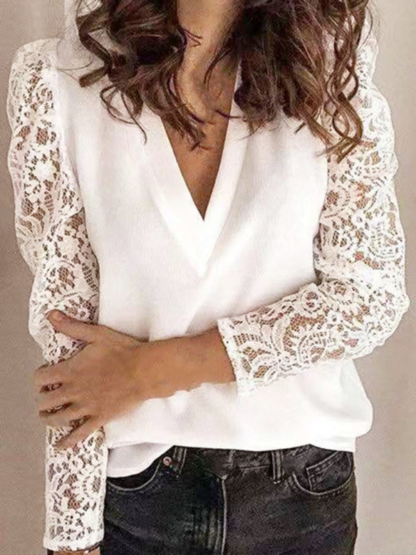 Paneled Lace Long Sleeve Slim Fit Women's Top
