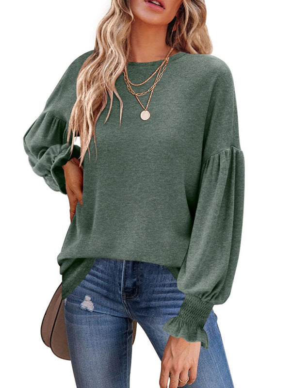 Round Neck Pleated Balloon Sleeve Ladies Long Sleeve Top