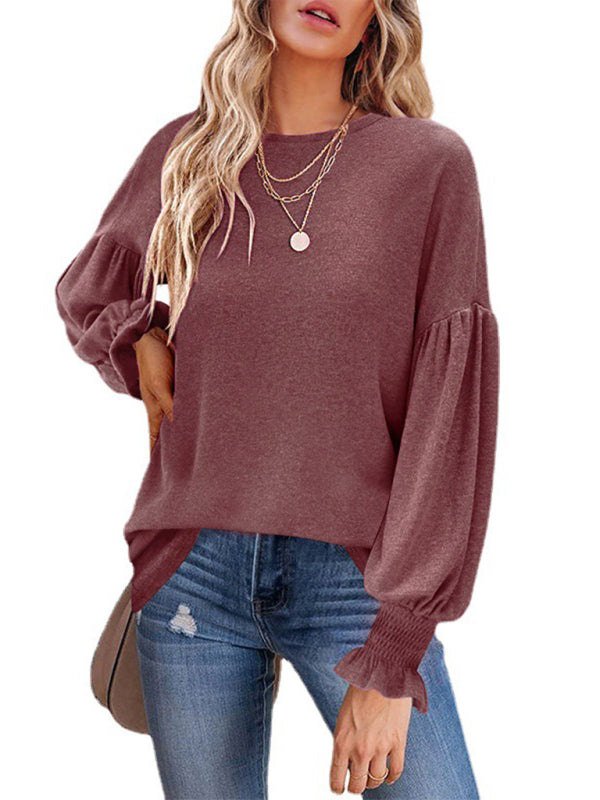 Round Neck Pleated Balloon Sleeve Ladies Long Sleeve Top