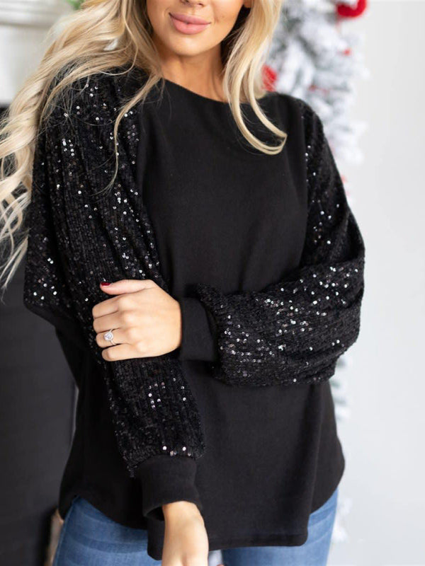 Sequin Stitching Women's Round Neck Loose Raglan Sleeve Fashion Top