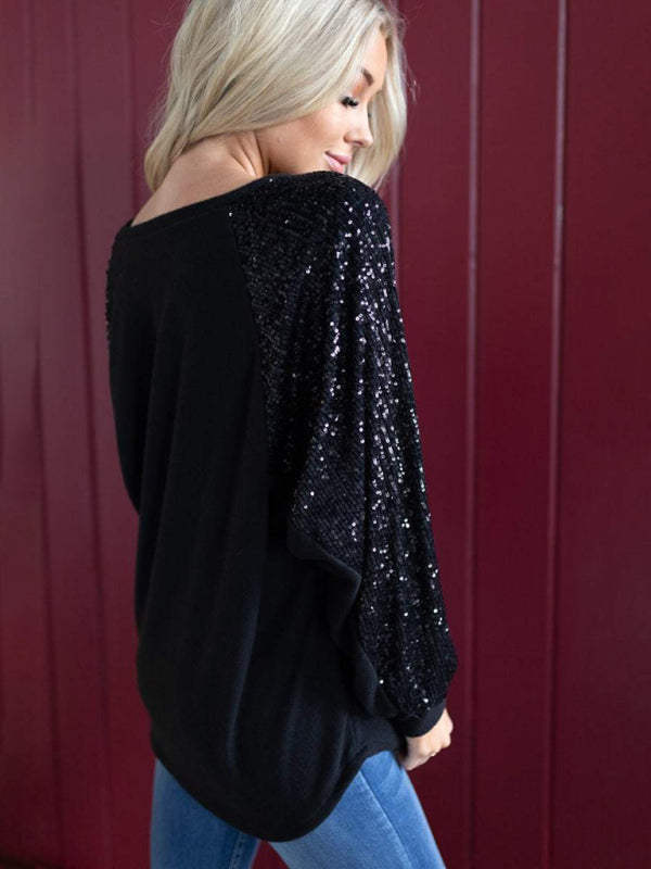 Sequin Stitching Women's Round Neck Loose Raglan Sleeve Fashion Top