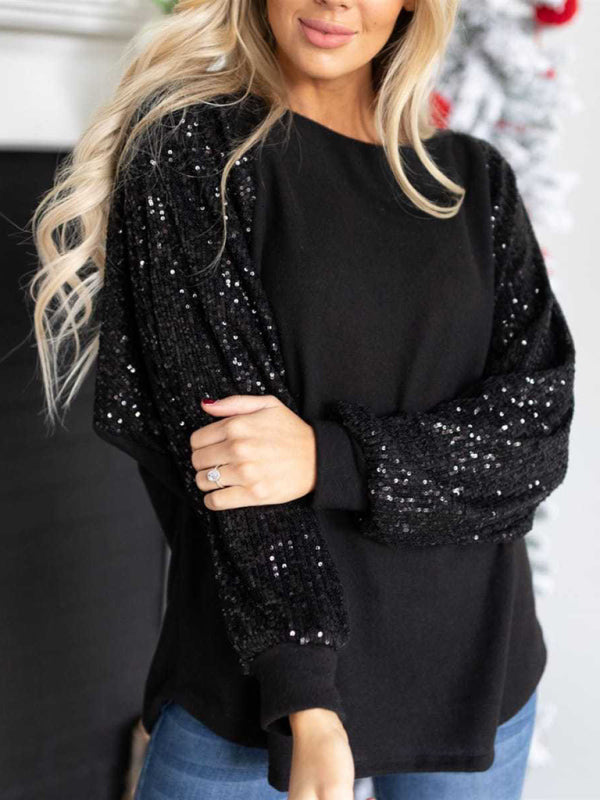 Sequin Stitching Women's Round Neck Loose Raglan Sleeve Fashion Top