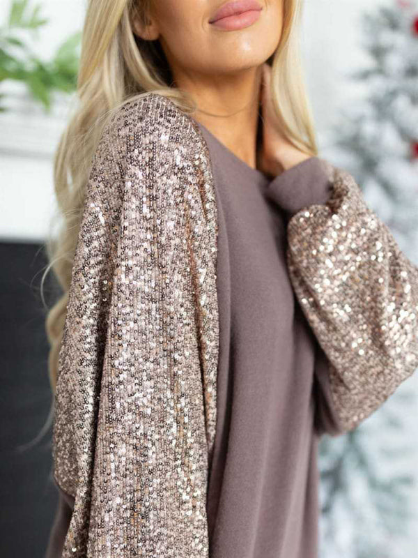 Sequin Stitching Women's Round Neck Loose Raglan Sleeve Fashion Top