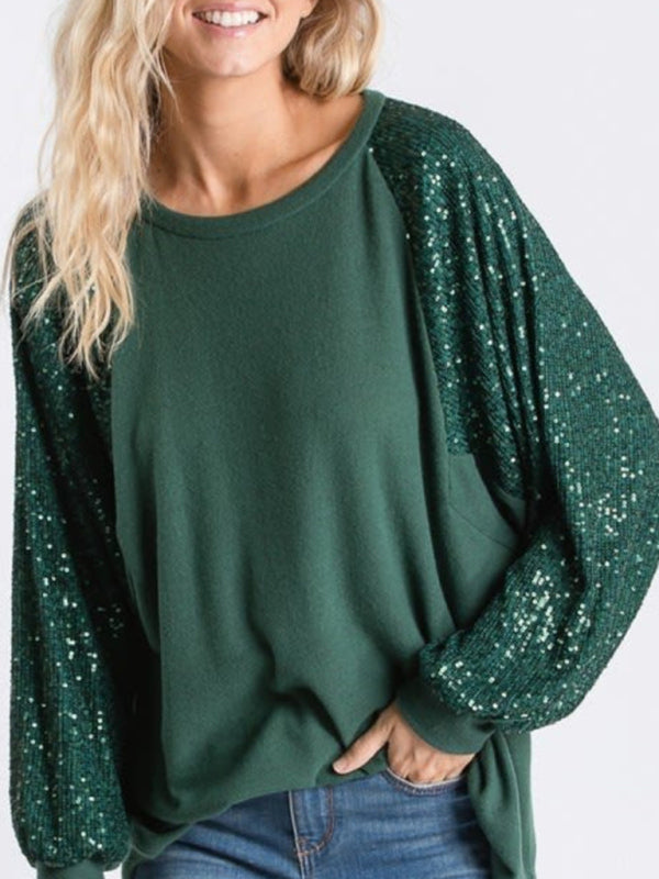 Sequin Stitching Women's Round Neck Loose Raglan Sleeve Fashion Top