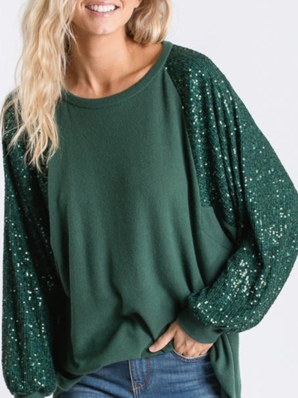 Sequin Stitching Women's Round Neck Loose Raglan Sleeve Fashion Top