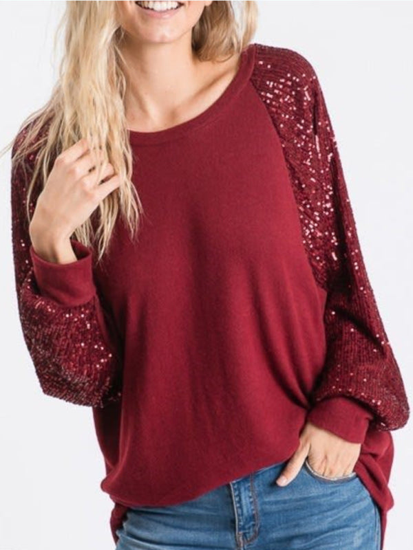 Sequin Stitching Women's Round Neck Loose Raglan Sleeve Fashion Top