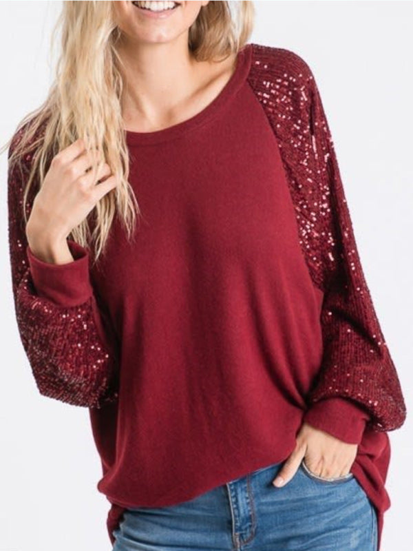 Sequin Stitching Women's Round Neck Loose Raglan Sleeve Fashion Top