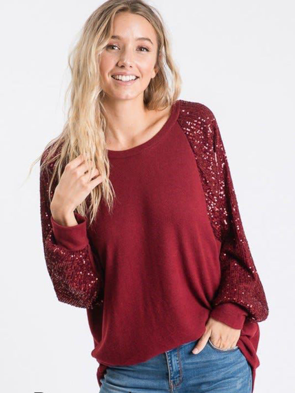 Sequin Stitching Women's Round Neck Loose Raglan Sleeve Fashion Top