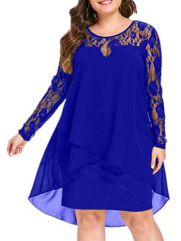 Plus size lace sleeve long sleeve splicing round neck irregular chiffon dress