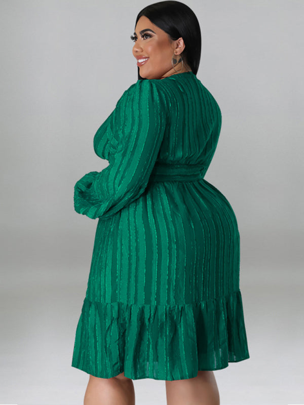 Plus size jacquard V-neck striped long-sleeved dress