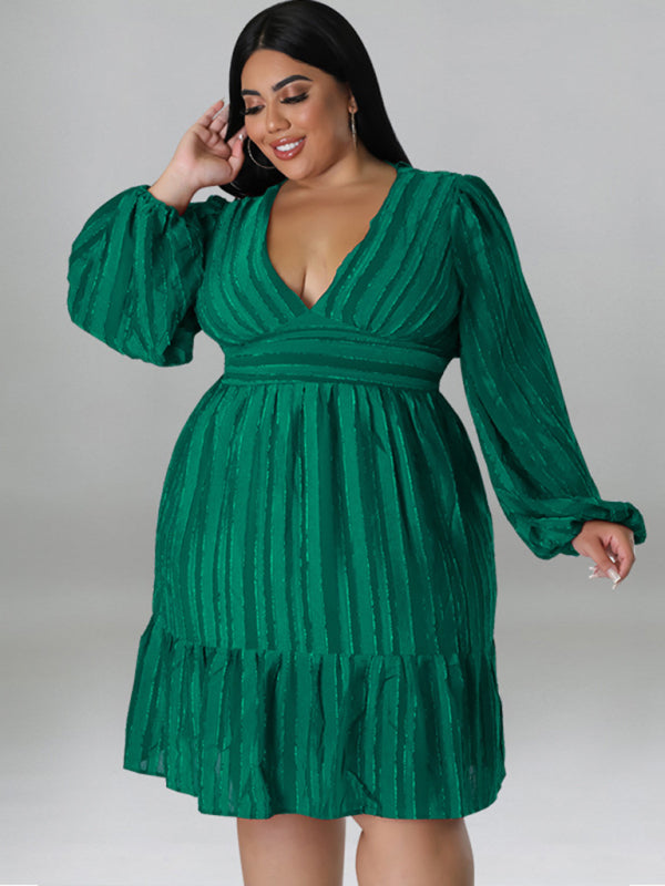 Plus size jacquard V-neck striped long-sleeved dress