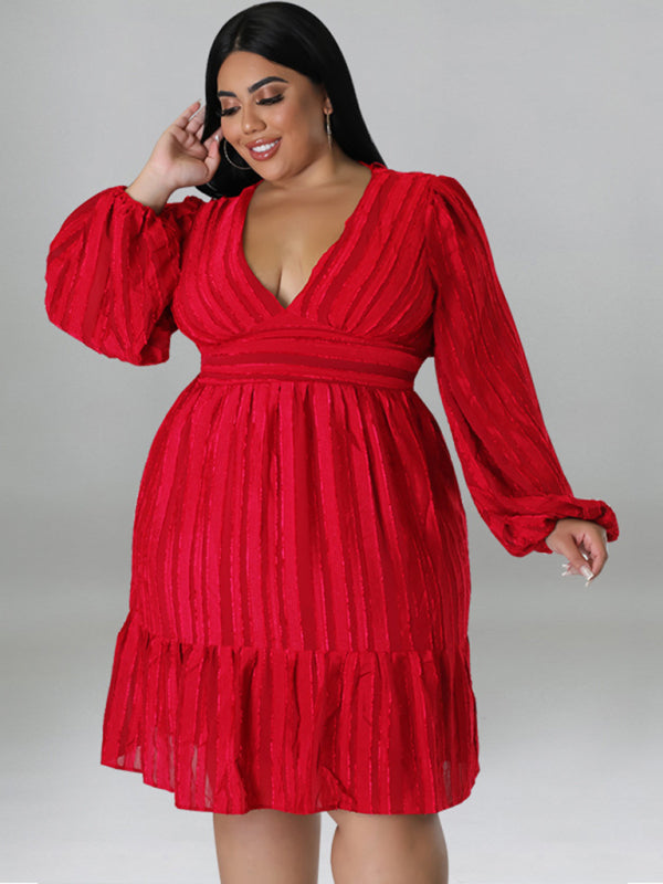 Plus size jacquard V-neck striped long-sleeved dress