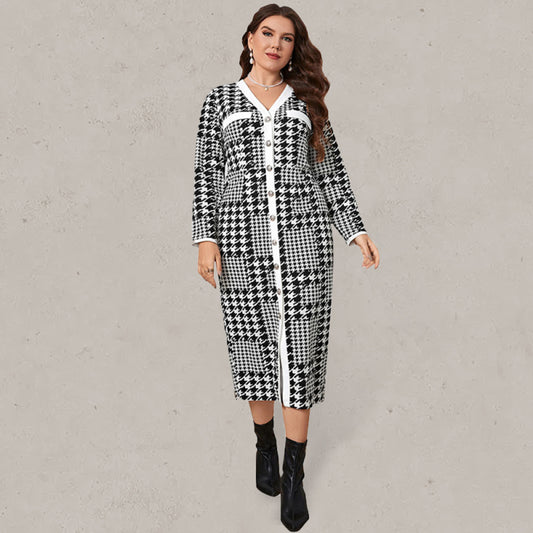 Plus-size slim-fit hip-packed long high-quality plaid midi dress