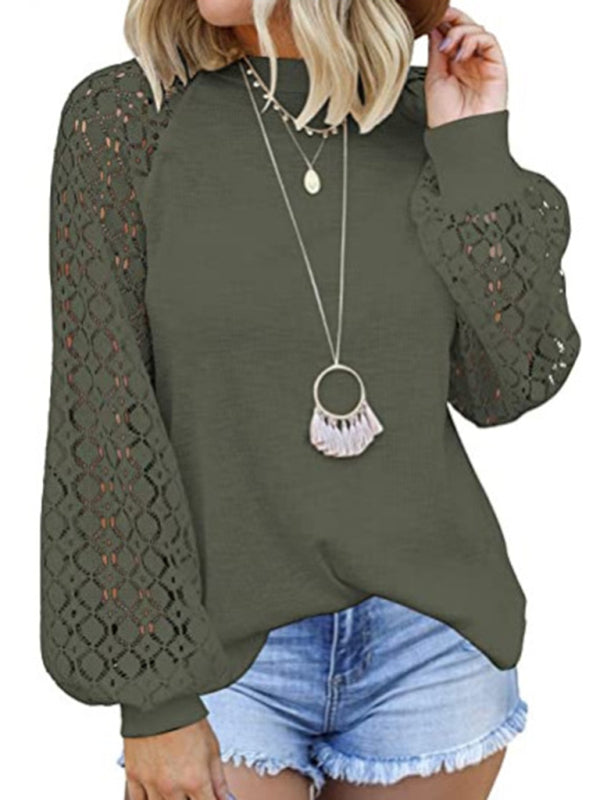 Waffle Round Neck Long Sleeve Lace Panel Loose T-Shirt