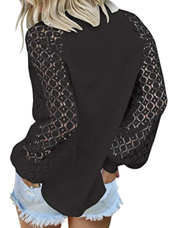 Waffle Round Neck Long Sleeve Lace Panel Loose T-Shirt