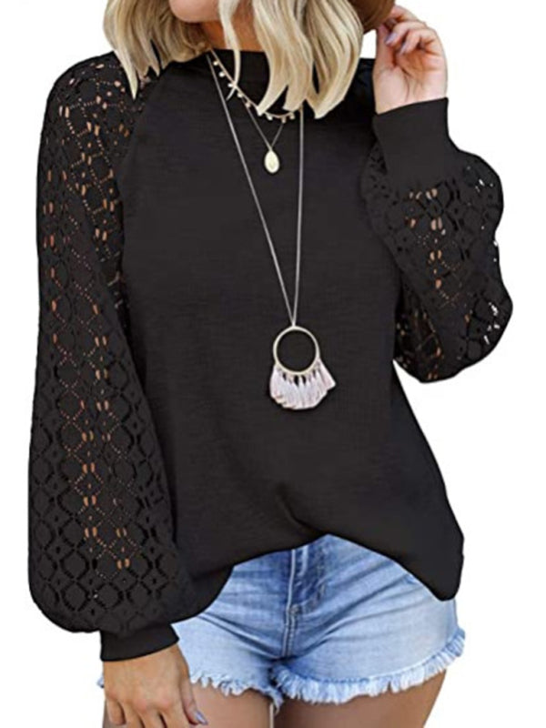 Waffle Round Neck Long Sleeve Lace Panel Loose T-Shirt