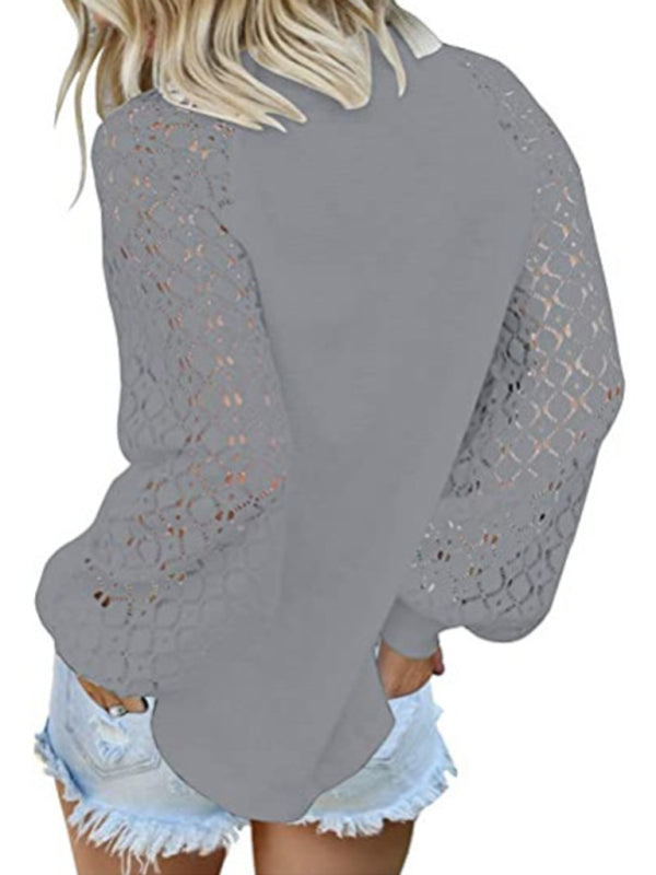 Waffle Round Neck Long Sleeve Lace Panel Loose T-Shirt