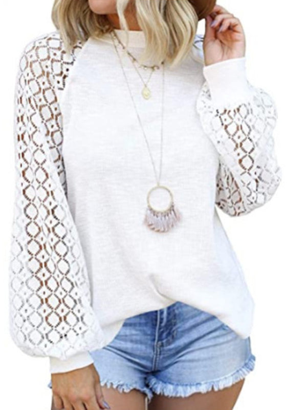 Waffle Round Neck Long Sleeve Lace Panel Loose T-Shirt