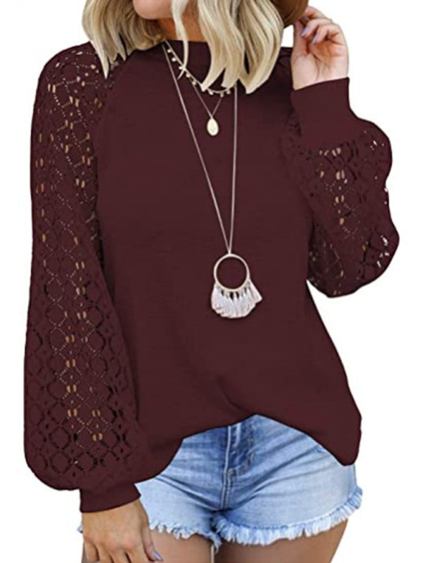 Waffle Round Neck Long Sleeve Lace Panel Loose T-Shirt