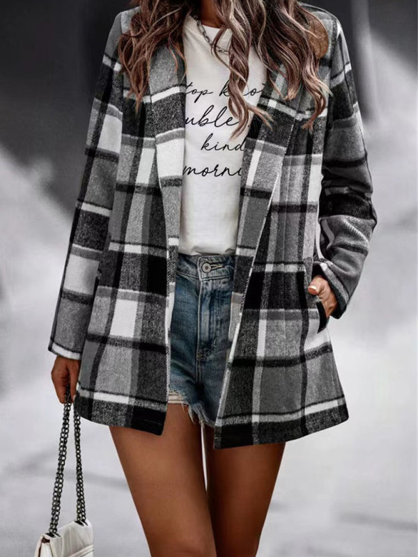 Loose Plaid Printed Long Sleeve Pocket Wool Jacket Cardigan