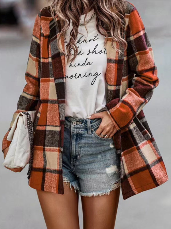 Loose Plaid Printed Long Sleeve Pocket Wool Jacket Cardigan