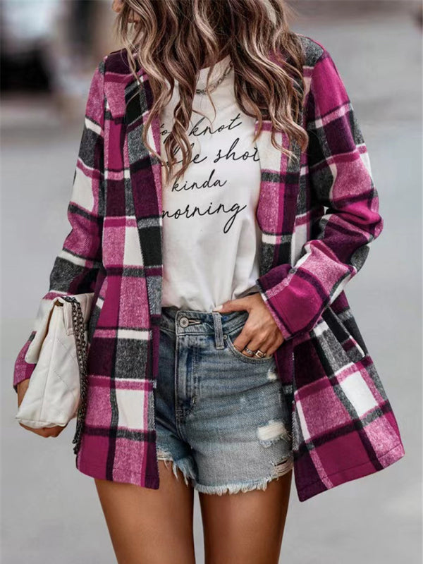 Loose Plaid Printed Long Sleeve Pocket Wool Jacket Cardigan