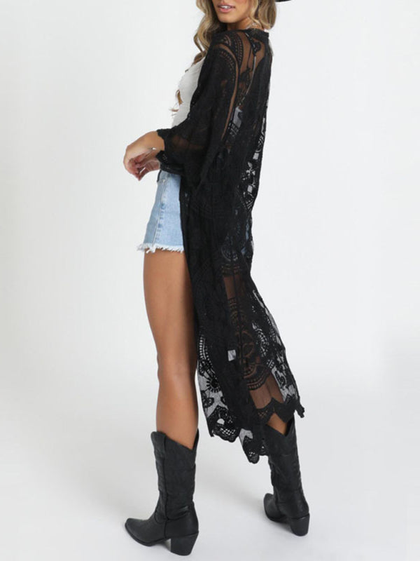 Embroidered lace bikini and mesh cardigan beach cover-up