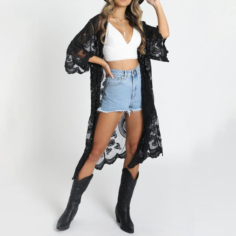 Embroidered lace bikini and mesh cardigan beach cover-up