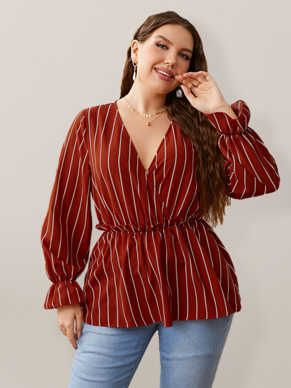 Plus size cotton loose striped style stitching lapel foreign style retro temperament commuter shirt