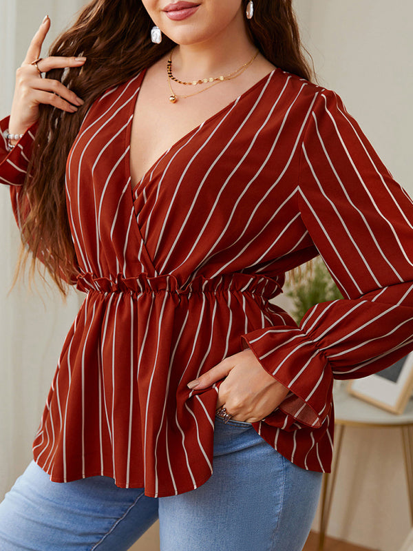 Plus size cotton loose striped style stitching lapel foreign style retro temperament commuter shirt