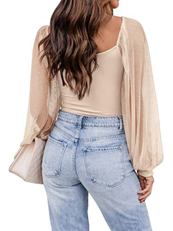 New Ladies Fashion Perspective Lantern Sleeve Stitching Slim Top