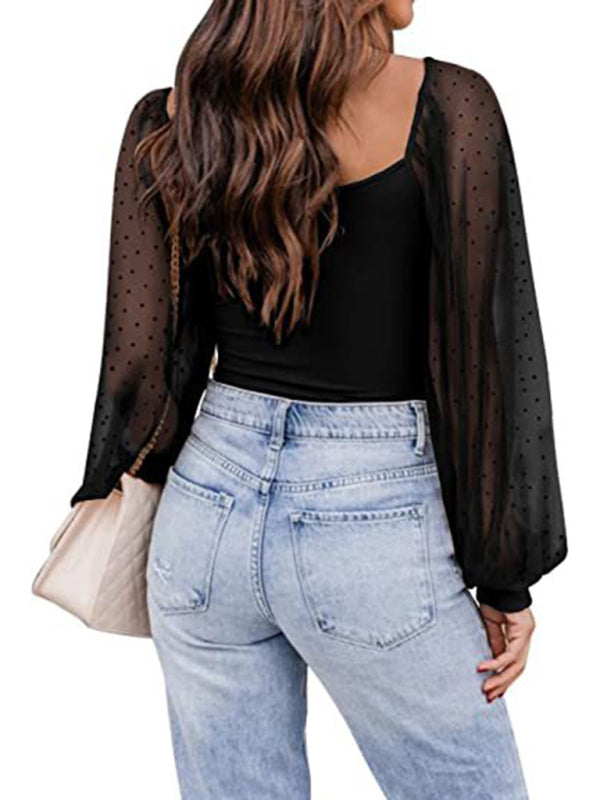 New Ladies Fashion Perspective Lantern Sleeve Stitching Slim Top