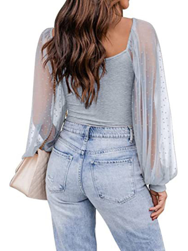 New Ladies Fashion Perspective Lantern Sleeve Stitching Slim Top