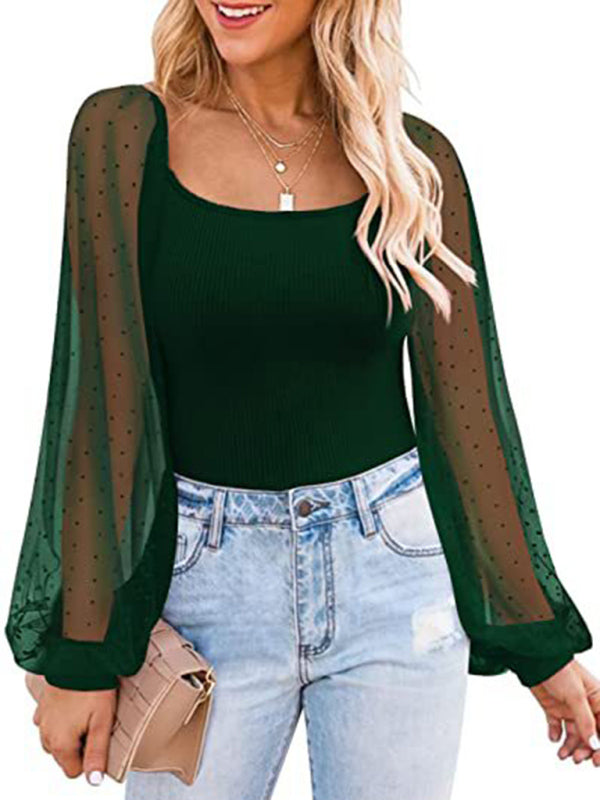 New Ladies Fashion Perspective Lantern Sleeve Stitching Slim Top