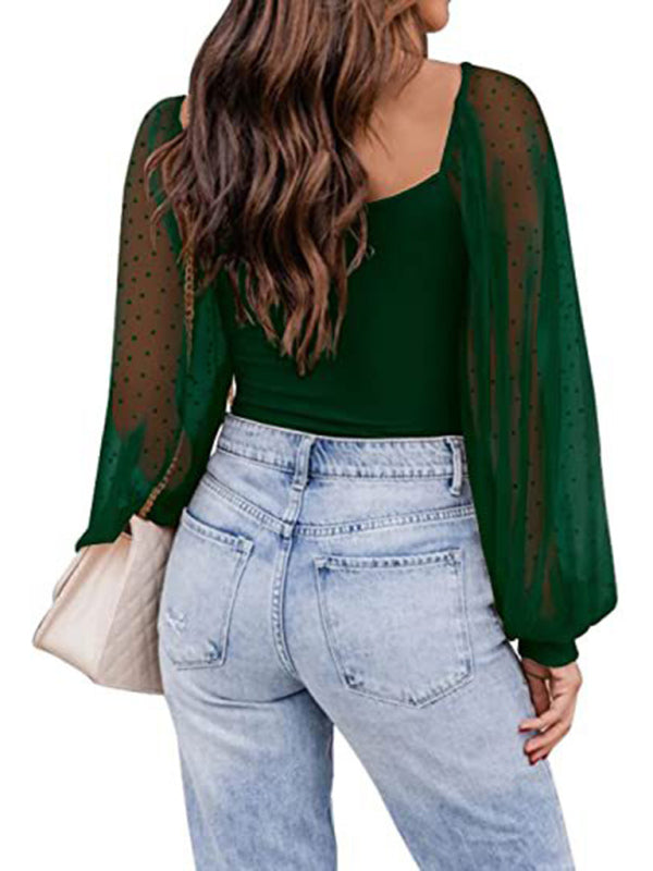 New Ladies Fashion Perspective Lantern Sleeve Stitching Slim Top