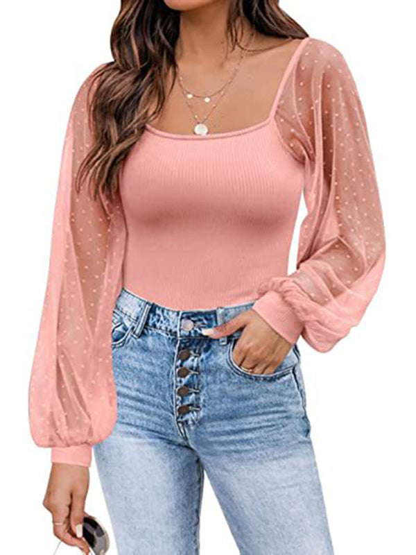 New Ladies Fashion Perspective Lantern Sleeve Stitching Slim Top