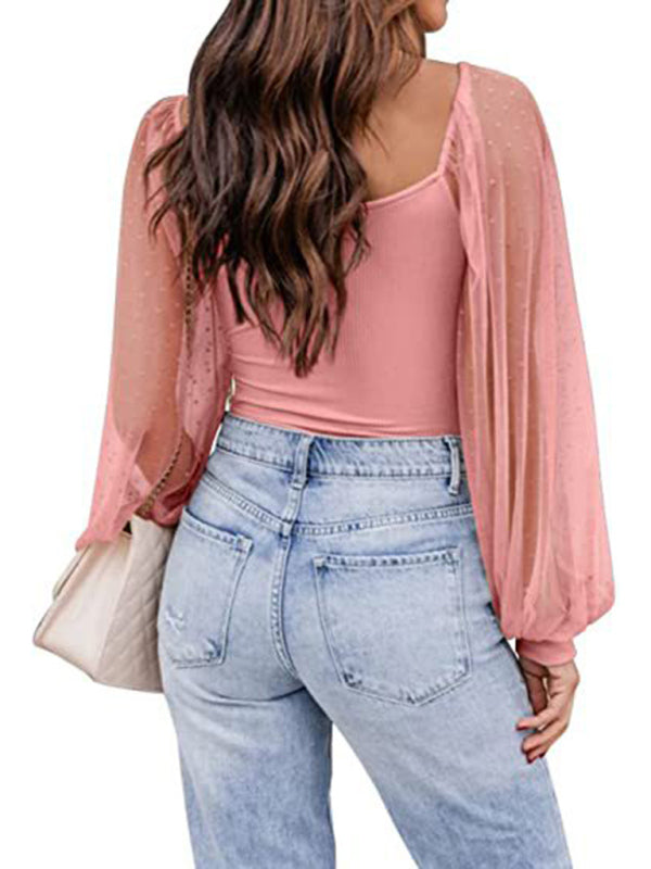New Ladies Fashion Perspective Lantern Sleeve Stitching Slim Top
