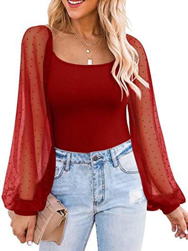 New Ladies Fashion Perspective Lantern Sleeve Stitching Slim Top