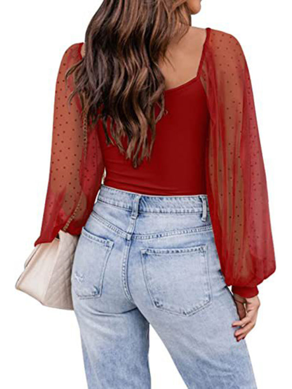 New Ladies Fashion Perspective Lantern Sleeve Stitching Slim Top