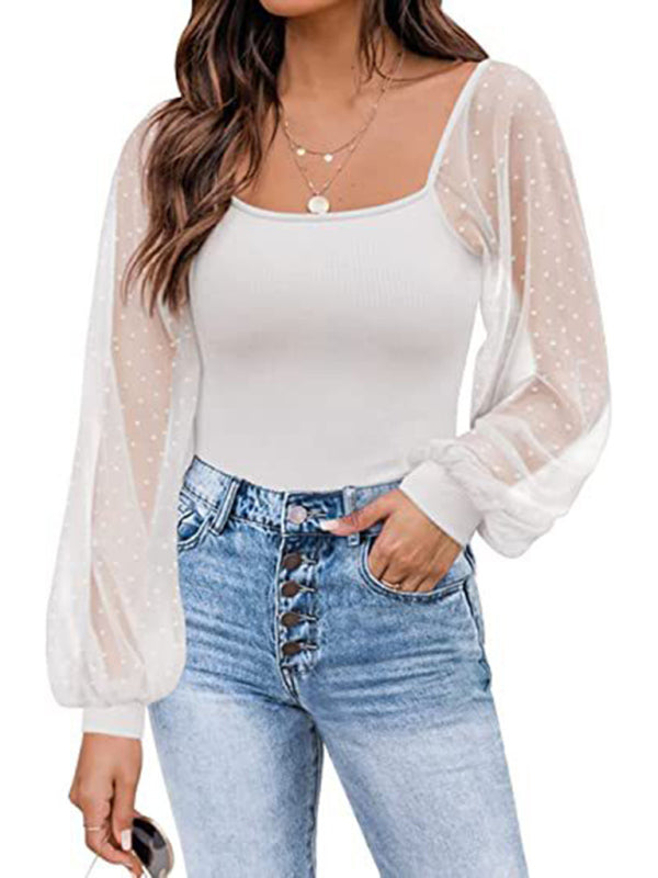 New Ladies Fashion Perspective Lantern Sleeve Stitching Slim Top