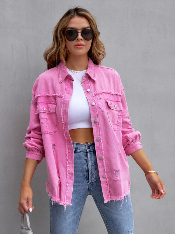 Raw edge ripped denim jacket Temperament casual trendy jacket