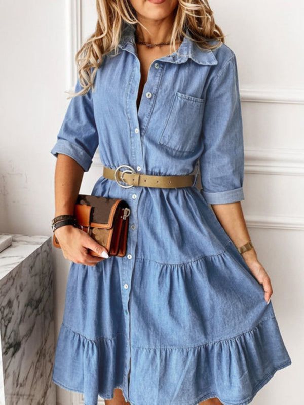 Women's Denim Lapel Panel Button Breasted Midi Dress