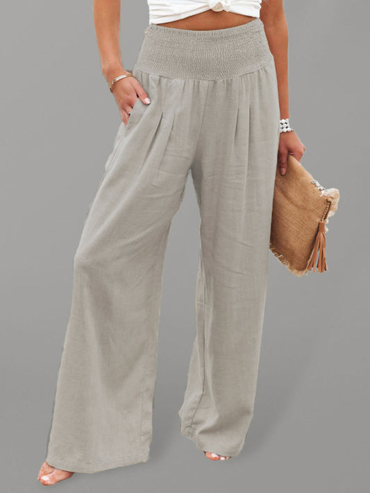 Women's casual wide-leg slub cotton loose trousers