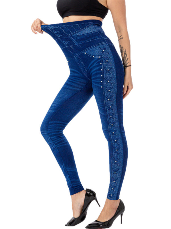 High waist beaded leggings stretch slim cropped pants