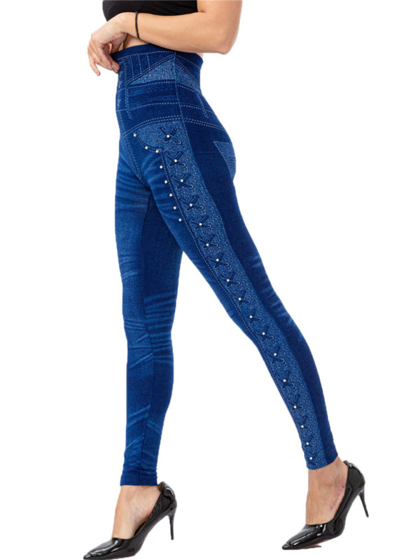 High waist beaded leggings stretch slim cropped pants